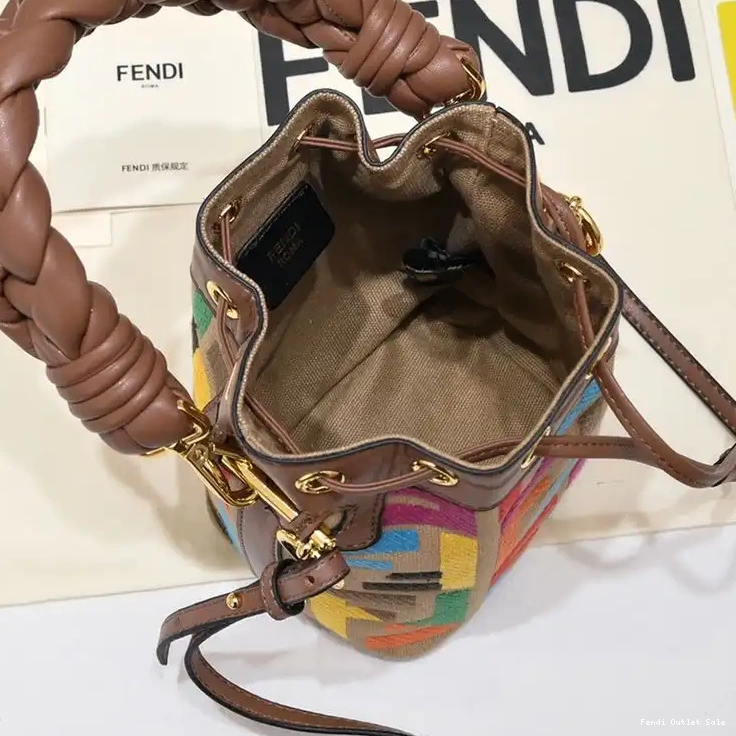 Cheap Woven with Motif Mon Canvas Bucket Handle Brown In Mini FF Fendi Tresor Bag 0703